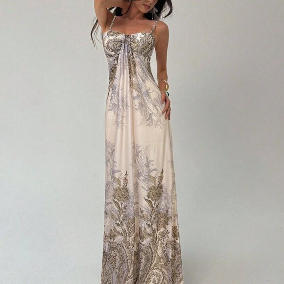 Khaki Elegant Women's Floral Print Color Maxi Slip Dress - Picture 4 of 6